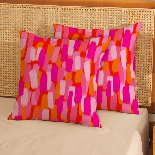 Hot Pink Orange Pillow Covers 18x18 Inch Set of 2 Abstract Preppy Throw Pillows Painting Outdoor Decorative Pillow Cases Linen Aesthetic Boho Cushion Cover for Couch Home Sofa Bed Decor - color: Hot Pink Orange, size: 18" x 18" (Pack of 2)