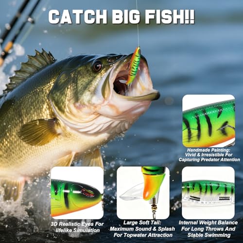 Swim baits Fishing Lures for Freshwater, Fableblis Mixed Top Water Bass Lures, Multi Jointed Swimbaits & Artificial Whopping Plopping Baits for Trout Catfish Crappie Muskie