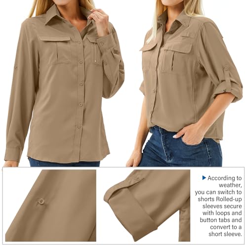 Women's UPF 50 Long Sleeve Sun Protection Shirts Safari Fishing Hiking - color: Gravel Brown, size: Small