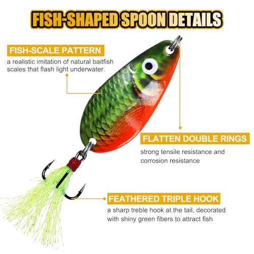 Fishing Spoons, Wide-Body Trolling Spoons with Treble Hooks for Bass, Trout, Pike, Walleye, Catfish Fishing Spoon Lures 5-Pack - color: 3/8oz feathered treble hook spoons