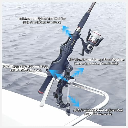 Hitorhike Fishing Rod Holder with Aluminum Alloy Base and One-Click Lock System Fits Round Square Tubes 0.59"~4.53" Enlarged Clamp Range for Boat Kayak Fishing - style: Powerlock Fishing Rod Holder-2 Pack