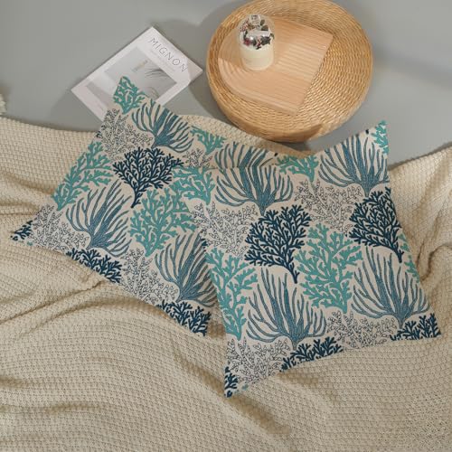 Coastal Pillow Covers 16x16 Inch 2 Pcs Blue Teal Turquoise Coral Summer Outdoor Decor Throw Pillows Nautical Sea Ocean Themed Holiday Decoration Pillowcase Linen Cushion Cover for Couch Sofa - color: Blue Teal Coral, size: 16" x 16" (Pack of 2)