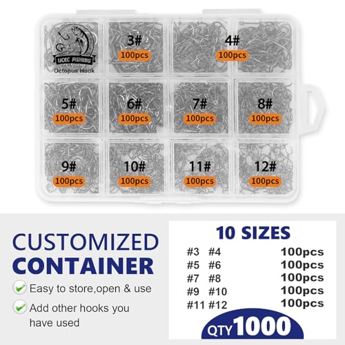 UCEC Octopus Hooks Saltwater Freshwater, Small Fishing Hooks 1000/400/150PCS Barbed Catfish Bend Eye Circle Hook, for Dad Fish Hook Kit Size1/0#1#2#3#4#5#6#7#8#9#10#11#12 - color: 1000PCS Size: #3 #4 #5 #6 #7 #8 #9 #10 #11 #12