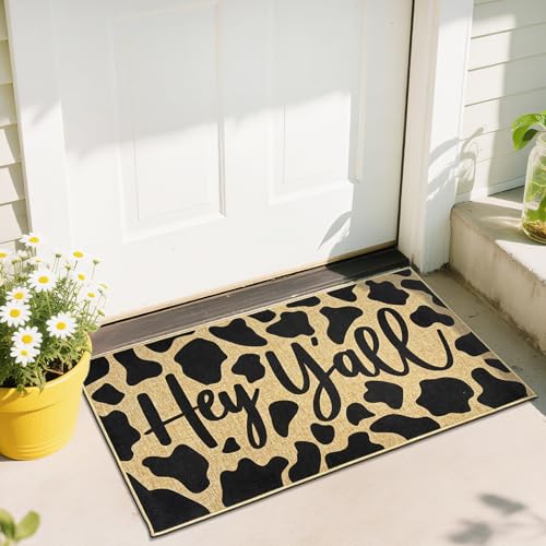 Hey Yall Welcome Door Mat Cow Print Funny Doormat Welcome Entrance Doormat Outdoor Indoor Farmhouse Front Door Mat Inside Outside Non Slip Carpet Rug Washable Doormat for Patio Porch Hallway - color: Cow Print B
