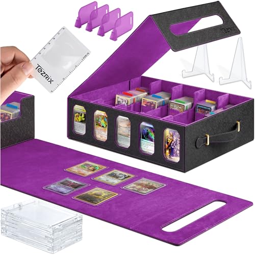5-Row Mtg Trading Card Storage Box With Display Windows - Magnifier Ruler, 2 Display Stands, 7 Cardholders - 3000+ Card Case With Magnetic Closure, Sports TCG Card Organizer - Purple Card Boxes - color: Black, Purple (5 Row)