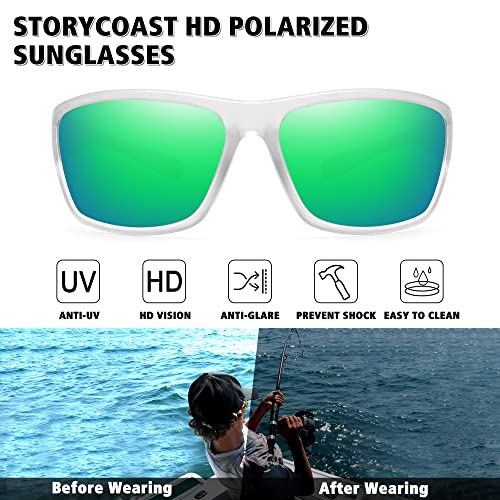STORYCOAST Polarized Sports Sunglasses for Men Women Unbreakable Frame Cycling Fishing Driving - color: Matte Clear Frame-green Mirror Lens