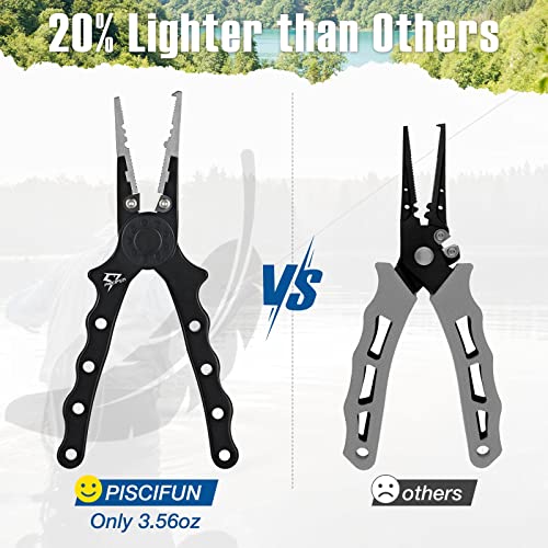 Piscifun Saltwater Fishing Pliers, Aluminum, Split Ring, Braid Cutter | Hook remover, tungsten carbide blade, spring-loaded jaws, ergonomic grip, sheath and lanyard - color: Black, style: Nylon Sheath