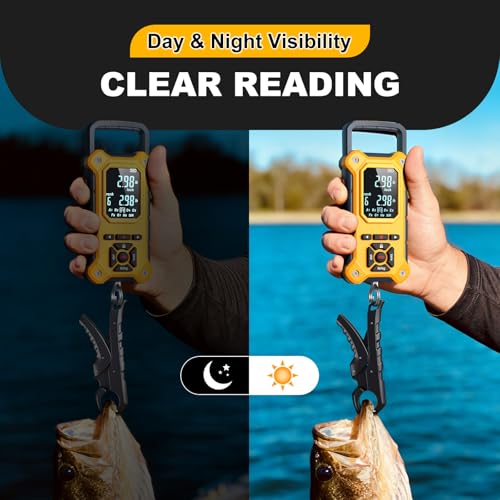 SNAIL TRAIL 8 Storage Bins 50 lbs Digital Fish Weighing Scale & 4.6'' Lip Gripper, Bass Fishing Tournament Culling, Hand Held Travel Items, Electronic Hanging Weight Machine for Luggage, Suitcase, Bag - color: Yellow (Black Gripper)