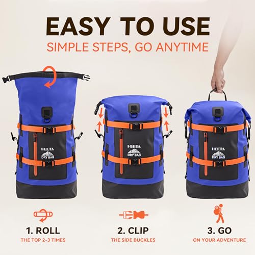HEETA Dry Bags Waterproof Backpack 40L for Men & Women, Roll Top Heavy Duty Cushioned Hiking Backpack for Kayaking Boating Paddle Boarding Fishing Travel Camping Beach Vacation Cruise Ship Essentials - color: Blue