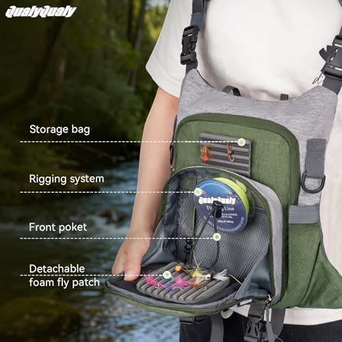 QulayQualy Fly Fishing Pack - Chest Pack with Work Station Lightweight Tackle Fishing Bag with Quick-Release (Green, L-12'' w/Cup Sleeve) - color: Green, size: L-12''