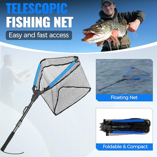 PLUSINNO Fishing Gear - Telescopic Fishing Rod and Reel Combo with Tackle Box, Collapsible Rod and Lures Box, Travel Fish Pole Starter Kit, Fishing Accessories Tackle Lure Kit Gifts for Men Bass Trout - color: Full kit with lures and net, size: 1.8m 5.91f