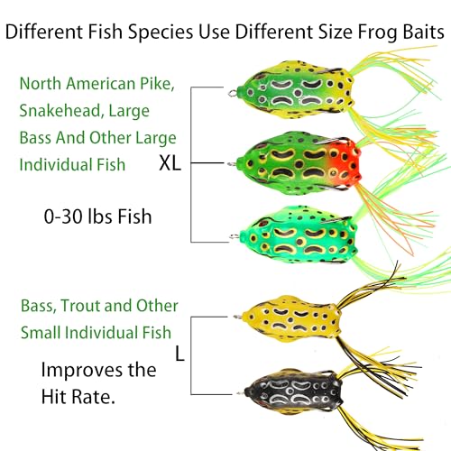 5PCS Topwater Frog Lures Set with Box, Realistic Soft Hollow Body Fishing Lures for Bass Snakehead Pike Bowfin, Weedless Freshwater Simulated Frog Baits