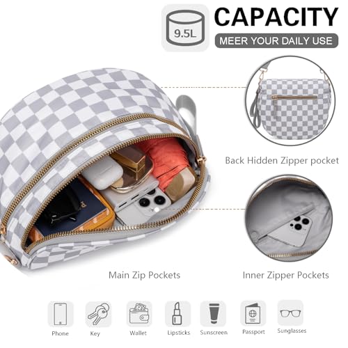 Pure Colour Crossbody Bum Bags for Women Spacious Checkered Cross body Bag Nylon Trendy Fanny Pack for Travel - color: Light Grey Checkered
