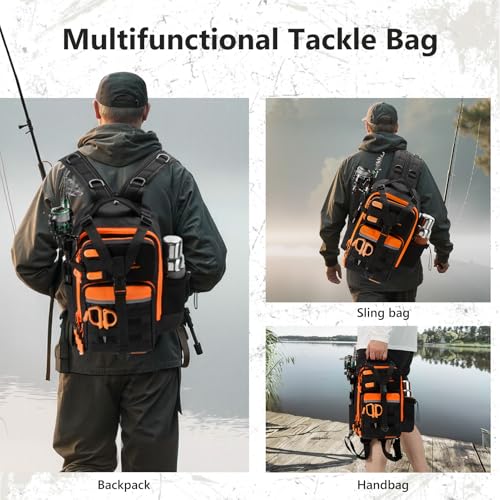 BASSDASH Convertible Fishing Backpack Sling Bag with Rod Holder, Adjustable Tactical Water-Resistant Tackle Storage Pack FP07 - color: Black/Blaze Orange, size: Standard