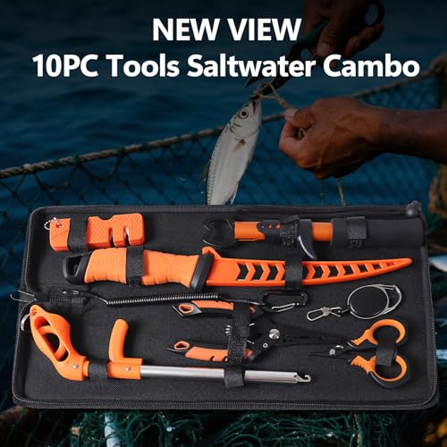 NEW VIEW 9pc & 10pc Professional Fishing Gear Tool Kit - Saltwater & Ice Fishing Tools Set - Corrosion Resistant Fishing Pliers Knife Scissors Gripper Kit with Fishing Gear Carrying Case