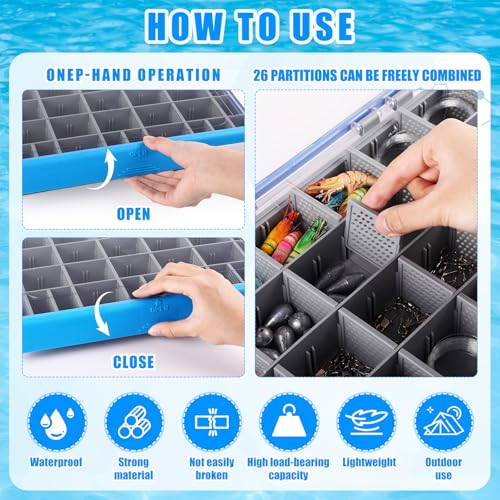 Junkin 6 Pack 3700 Fishing Tackle Boxes Waterproof, Large Blue Lure Organizer Trays with Custom Dividers, Airtight Tackle Storage Case for Saltwater Baits, Swimbaits & Boat Bag Accessories - color: Blue, size: 3700