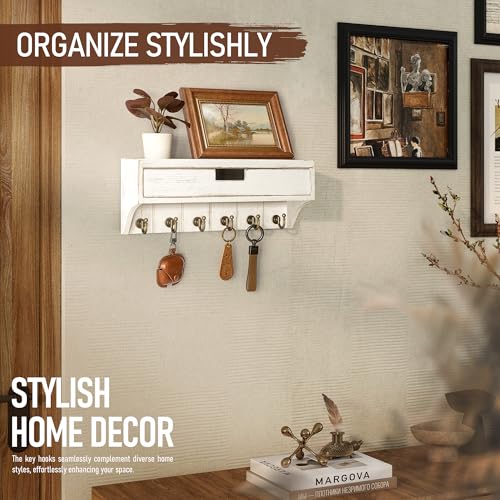 Rebee Vision Pine Wood Key Holder Wall Mount with Drawer Organizer for Farmhouse Decor – Mail Organizer with 6 Sturdy Key Hooks and Storage Drawer – Room Decor for Apartment Essentials (Whitewash) - color: Whitewash, style: 1-Drawer