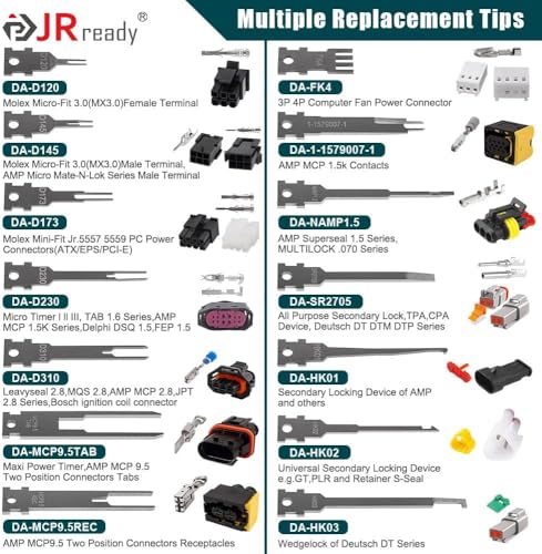 JRready JRDDS Pin Extractor Tool with 33Pcs Replacement Tips Electrical Terminal Release Tool Compatible with Deutsch AMP/TE Molex Delphi JST Harting Connectors Pin Extractor - size: 1PC Extractor Handle with 33PCS Replacement Tips