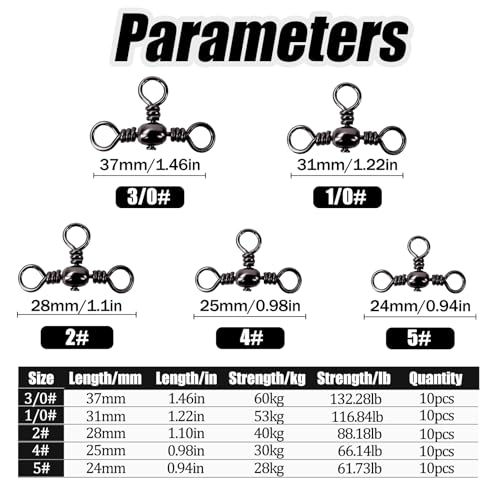 50pcs 3 Ways Ball Bearing Swivels FS/ZH-04 | Fishing Terminal Tackle Kit, Barrel Swivels Fishing Tackle Kit,for Crankbaits Sinker Weights, Connectors Saltwater - color: Black, size: 4#+5#+2#+1/0#+3/0#
