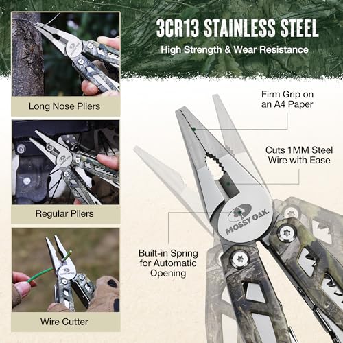 MOSSY OAK Multitool, 22-in-1 Stainless Steel Pliers with Screwdriver Sleeve, Camo Steel Handle, Self-locking Knife with Sheath-Perfect for Outdoor, Survival, Camping, Hiking, Simple Repair - color: 22-in-1, Camo