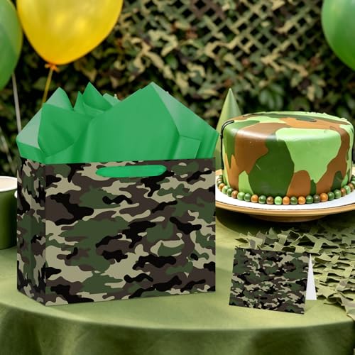 Hooqict Large Camo Gift Bag Camouflage Birthday Gift Wrap Bag with Handles, Tissue Paper, Greeting Cards for Kids Boys Men Military Army Birthday Party Decorations Goodie Treat Party Favors - color: Camo
