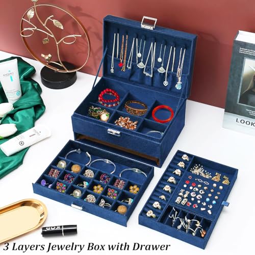 QBestry 3-Layer Jewelry Box for Women with Lock and Key & Drawer, Large Jewelry Organizer with 8 Necklace Hooks & 56 Earring Holes, Navy Velvet Jewelry Storage Box for Necklaces Earrings Ring Bracelet - color: Deep Blue