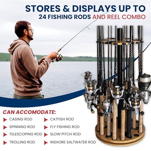 Rush Creek Creations Fishing Rod Holder - 360 Spinning Rack for Garage Organization and Storage, Pole Holder for Reels, Gear, Accessories, Tackle Box - color: Light Grain, style: 24 Spinning