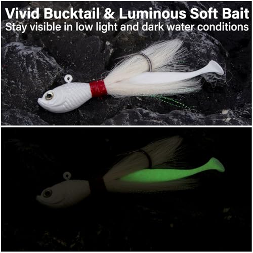 Dr.Fish 3 Pack Bucktail Jigs with Paddle Tail Swimbait Trailer, Saltwater Fishing Hair Jigs Buck Tail Lure White Surf Fishing Mackerel Flounder Bluefish Snapper - color: White, size: 1/2oz-Hook 4/0