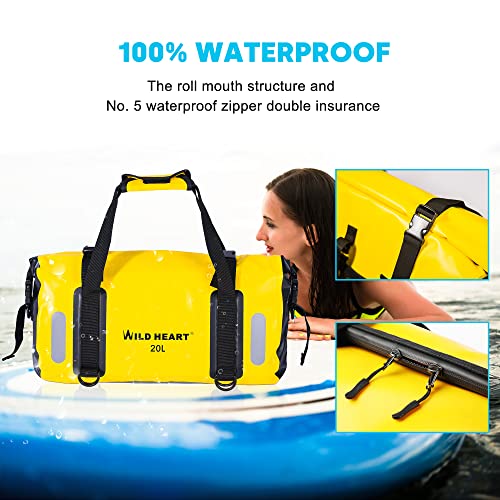 WILD HEART Waterproof Bag Duffel Bag 20L 30L 40L with Welded Seams Shoulder Straps, Mesh Pocket for Kayaking, Camping, Boating,Bicycle,Motorcycle - color: yellow, size: 40L