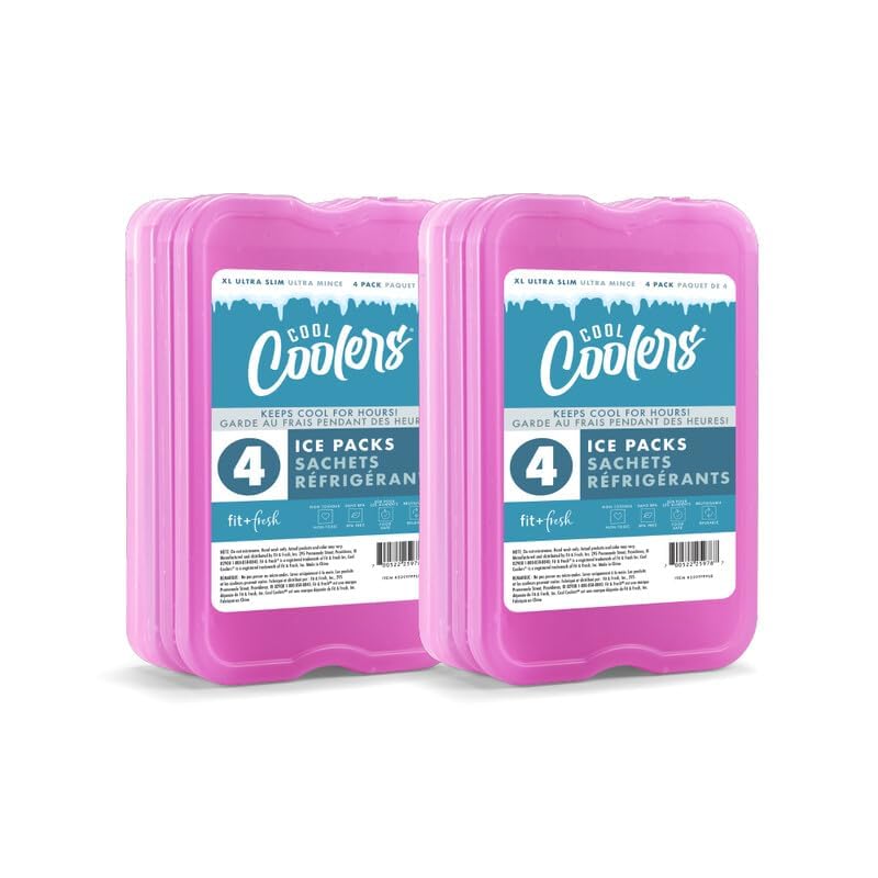 Cool Coolers by Fit & Fresh 4 Pack XL Slim Ice Packs, Quick Freeze Space Saving Reusable Ice Packs for Lunch Boxes or Coolers - color: Purple (8 Pack)