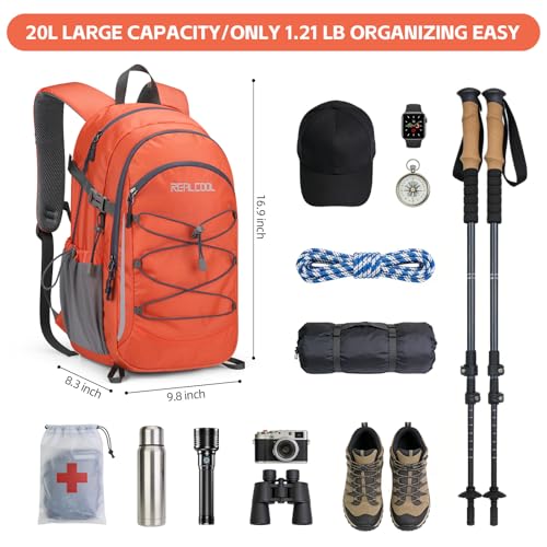 RealCool 20L Lightweight Hiking Backpack, Waterproof Daypack for Camping | 210D tear-resistant nylon, breathable shoulder and back panel, Multi-Compartment,hydration system,reflective strip,bungee net - color: Orange, size: 20L