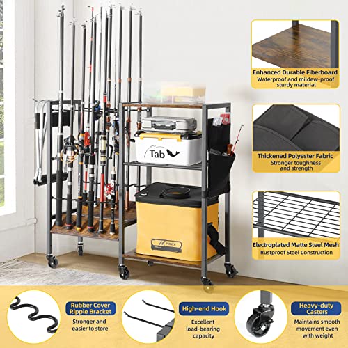 Olakee Fishing Rod Holders, Rolling Fishing Rod Rack for Garage & Boat, Tackle Box & Reel Holder Cart, Easy Assembly Fishing Gear Management System, Ideal Birthday Gift for Men Dad Anglers - color: 12 Rods,Carbonized Black