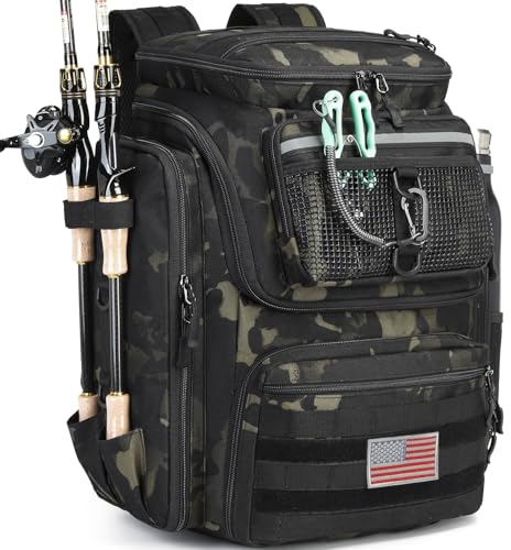 HAMBOLY Fishing Backpack 45L with Rod Holders, Water-Resistant Tackle Backpack for Fishermen, Large Capacity Fishing Gear Bag for Travel Hiking Camping - color: Dark CM