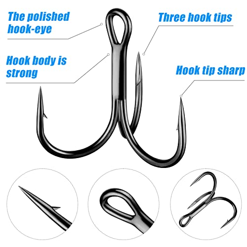 Shaddock Fishing Treble Hooks, Round Bend Short Shank Treble Hooks, High Carbon Steel, Wide Gap for Lures, Baits, Stripe, Trout, Bass, Salmon, Panfish 100/200PCS - color: Black, size: 200PCS-14#