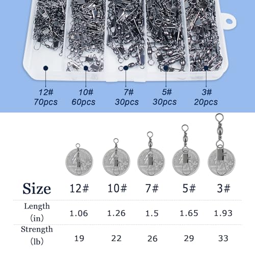 210PCS Fishing Swivels, 5 Sizes Barrel Swivels with Snaps, Fishing Swivels Saltwater Freshwater Snap Connector for Quick Connect Fishing Lures