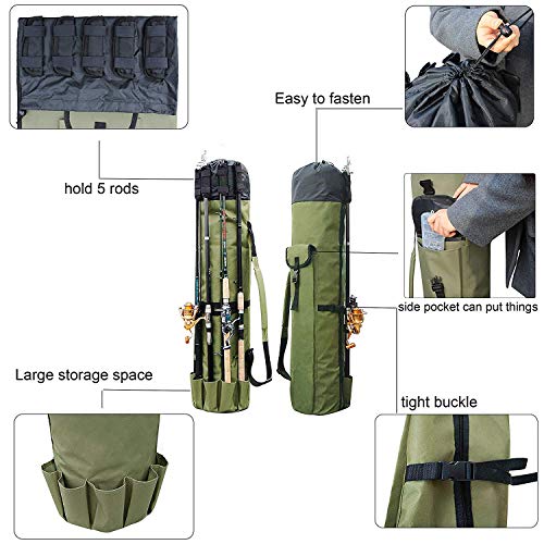 Allnice Durable Canvas Fishing Rod & Reel Organizer Bag Travel Carry Case Bag- Holds 5 Poles & Tackle - color: Khaki Green