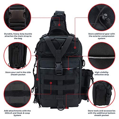 OSAGE RIVER Deluxe Tackle Sling Fishing Bag with Rod Holder, Lightweight Tackle Box Storage, Shoulder Bag for Fishing Hiking