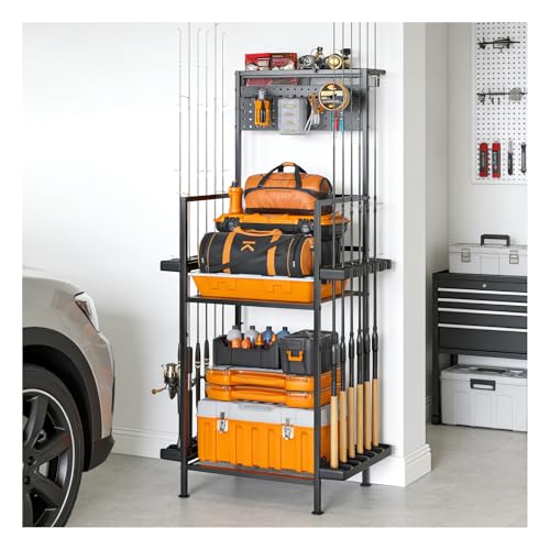 YQSLYSF Fishing Rod Holders for Garage with Pegboard & Metal Mesh Basket, Fishing Rod Storage Rack, Vertical Fishing Pole Holder for Up to 12 -24 Poles, Tackle Gear Organizer