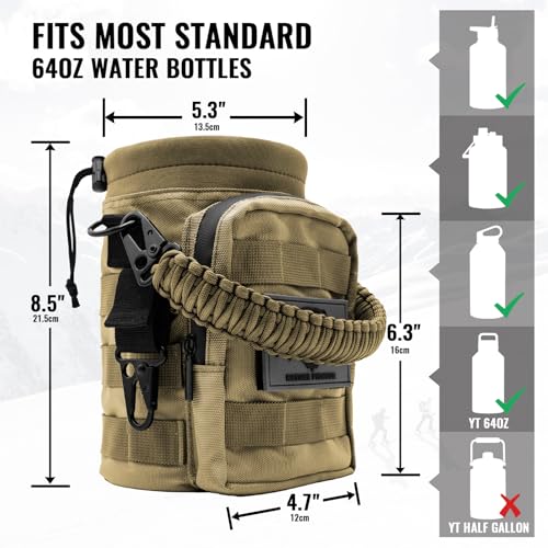 NATURE PIONEOR 32 64 128oz Tactical Water Bottle Pouch, Multi-Function Tactical Water Bottle Bag with Adjustable Shoulder Strap, Half/One Gallon Molle Strap Carrier Holder - color: Khaki, size: 64OZ