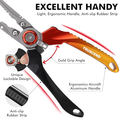 TRUSCEND Easy Use Lockable Fishing Pliers with Tungsten Carbide Cutter, Innovative Ergonomic Handy Handle, Saltwater Corrosion Resistant Teflon Coated Fishing Tool, Light Multi-Function Fishing Gear - color: A2-gold