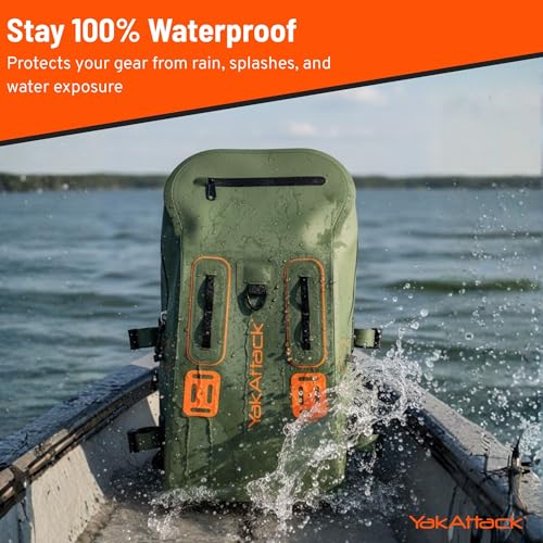 YakAttack 28L DryPak Waterproof Backpack - Green/Orange | Floating Marine Dry Bag Pack with Padded Straps for Kayaking, Fishing & Hiking | 10" x 22" x 12" | Lightweight Outdoor Gear & Storage Drybag - color: Green/Orange, style: Drypak