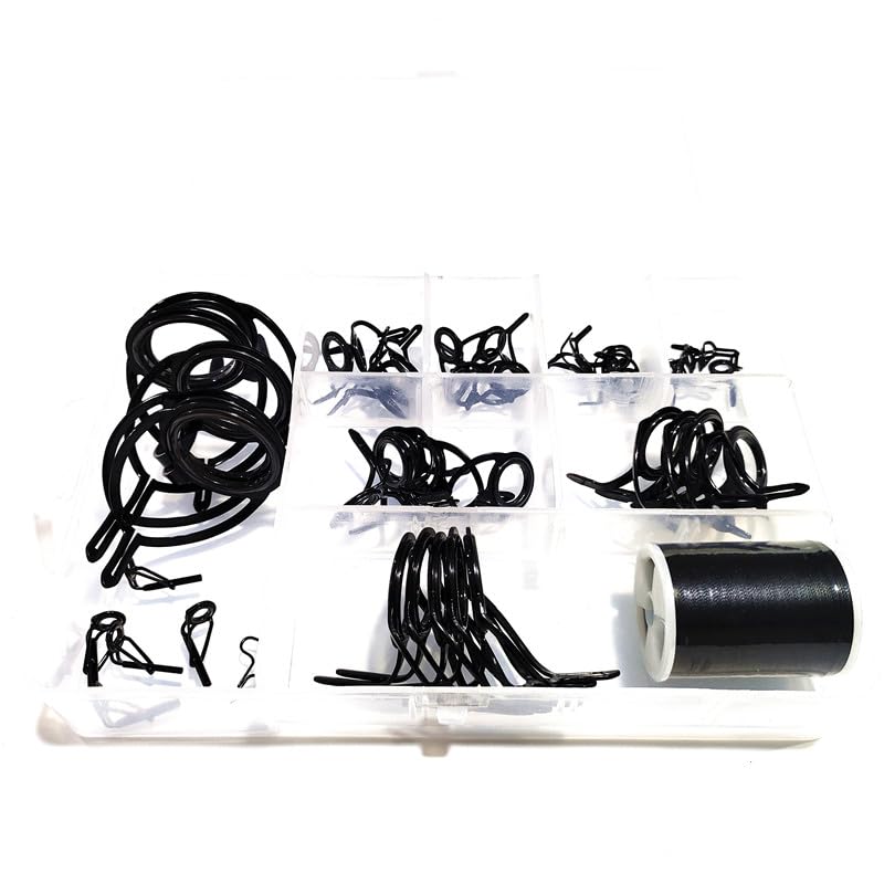 Kalavarma Fishing Rod Repair Kit 47 Pcs for Spinning and Casting Rod Guides,Set Mixed Size Double Leg Stainless Steel,Fishing Rod Repair Kit Guide Tip Top Repare Black Color