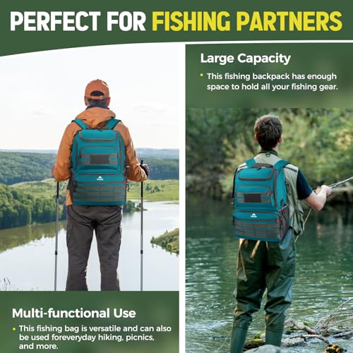 MATEIN Fishing Backpack Tackle Box, Water Resistant Tackle Backpack with Cooler & Rod Holders, Fishing Gifts for Men - color: Icy Blue & Grey