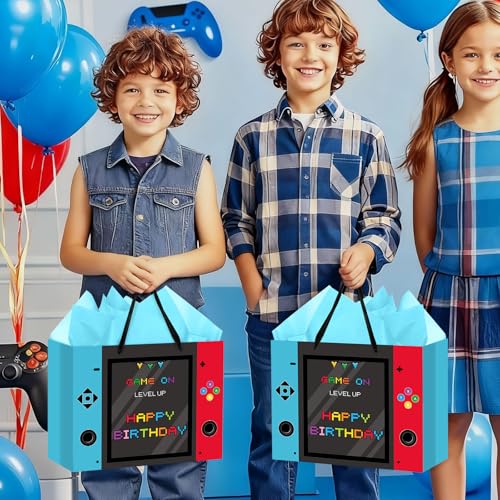 Hooqict Large Video Game Birthday Gift Bag Happy Birthday Gift Wrapping Bag with Handles, Tissue Paper and Greeting Cards for Kids Boys Men Gamer Themed Party Supplies - color: Video Game