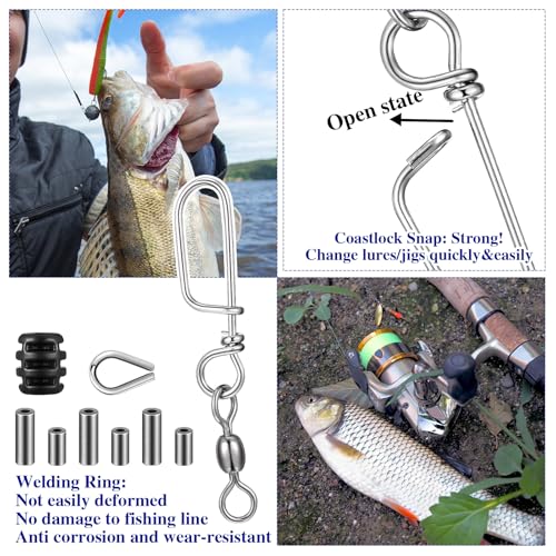 VioraWhite 2 Sets Terminal Kit Fishing Snap with Swivels, Stainless Steel Fishing Snap Swivels Corrosion Resistance with Soft Bumper, Stainless Steel Thimble and Connector Sleeves