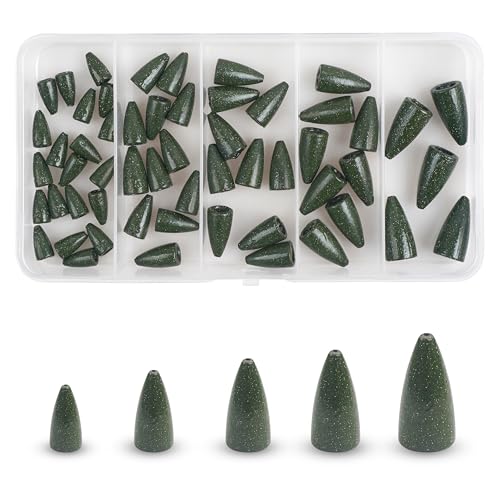 Bullet Fishing Weights Sinkers, 30pcs Worm Slip Sinkers Weight for Bass Fishing Carolina Rig Texas Rig Drop Casting Sliding Weights Saltwater Freshwater - size: 55pcs Weights Kit