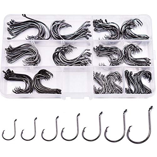 100pcs Size 4#~6/0 Offset Point Octopus Hook with Closed Eye Black High Carbon Steel Sport Circle Hook - size: 175PCS (1# 2# 1/0 2/0 3/0 4/0 5/0 Each Size 25PCS)