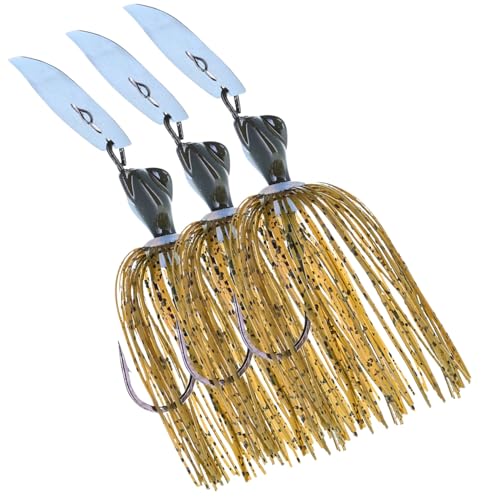 Reaction Tackle Breaker Jigs for Bass Fishing, Bladed Vibrating Swim Jig Lures with Silicone Skirts, Weedless Bait for Pike, Walleye, Muskie - 3 Pack - color: Green Pumpkin, size: 3/8 Oz