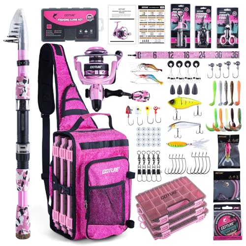 Goture Pink Fishing Rod and Reel Combo - ML Action Spinning Reel Pole with Pink Bag - Telescopic Rod Kit for Starter Travel Saltwater Freshwater, Gift for Woman - color: Pink Pole - Sparkling Sling Bag with 3600 Trays, size: 7FT/2.1M