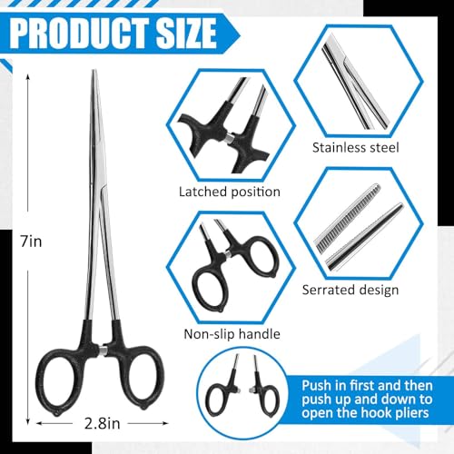 2 Pcs 7 Inch Fishing Forceps Set Fishing Hemostat Pliers with Grip Curved and Straight Hemostats Set Stainless Steel Locking Clamps Hook Remover Tools